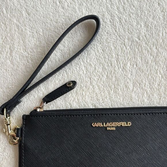 Karl Lagerfeld Paris Textured Black Faux Leather Wristlet Gold Tone‎ Logo - Picture 2 of 8